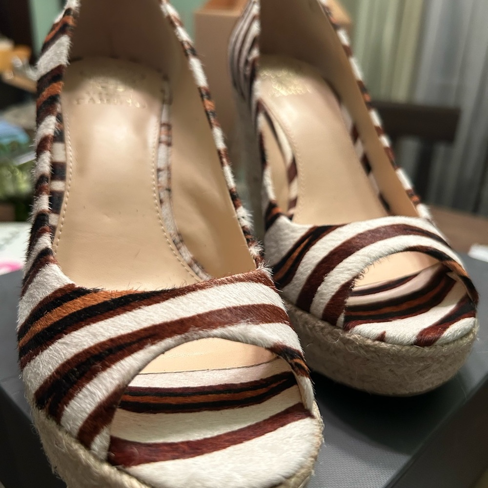 Vince Camuto Zebra Pony Wedges in Dark Brown and White